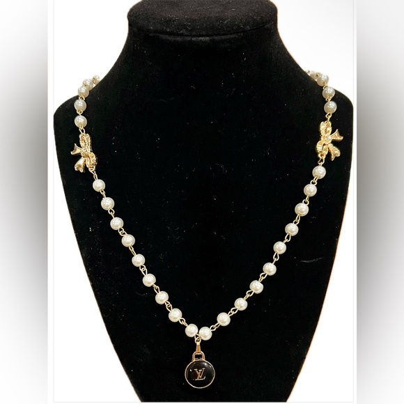 Authentic Louis Vuitton LV Black Charm on Gold and Pearl Custom Chain w/ Bows - Picture 1 of 2